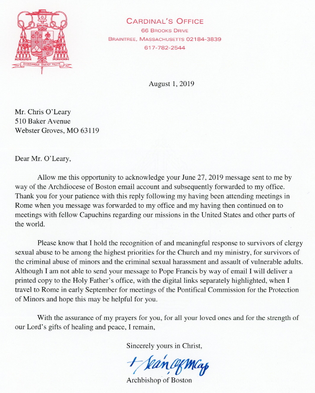 Cardinal Sean O'Malley Letter to Chris OLeary