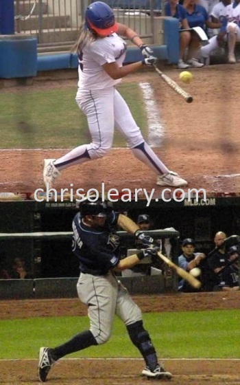 Evan Longoria and Megan Bush demonstrating the high level swing.